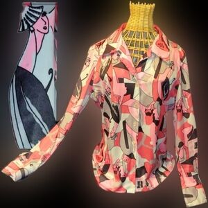 Vtg 70s Sears pink art deco abstract woman umbrella wing collar disco blouse L